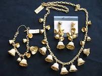 Miriam Haskell Vintage Gold Bells Necklace, Bracelet and 2 Pairs of Earrings in Gold Tone Metal